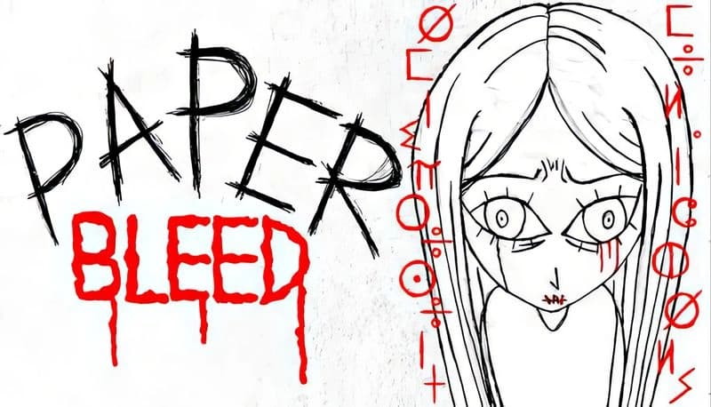 Paper Bleed: Young girl with intense eyes and bloody tears amidst cryptic symbols on a textured background.