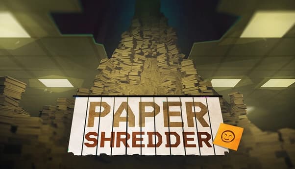 Paper Shredder: Large title over stacked paper sheets and filing boxes inside a dim office hallway with ceiling lights.