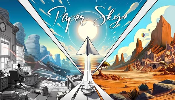 A sleek paper plane flies upward, dividing two scenes: a cluttered office with a man and a bright desert landscape.