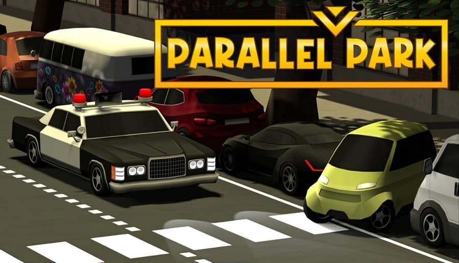 Parallel Park: Line of cars parked along a city street beside a crosswalk and sidewalks with trees and buildings.
