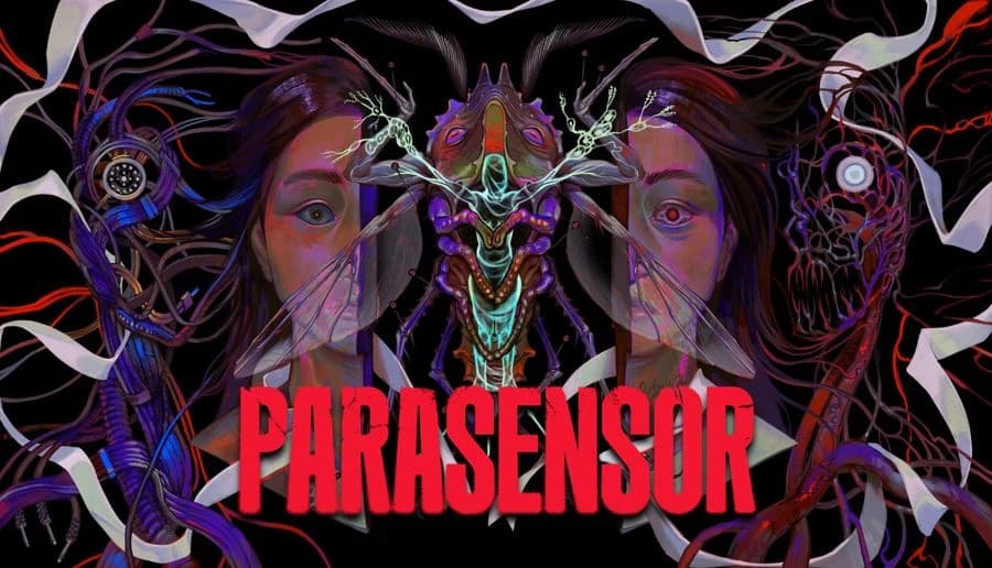 Parasensor: young woman’s face mirrored with insect-like mask and cables overlaid dark purple background close-up.