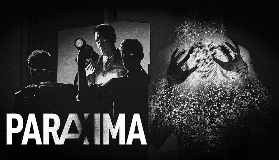 Paraxima: three men in dark suits aim a flashlight and camera at a swirling static mass in a shadowy room.