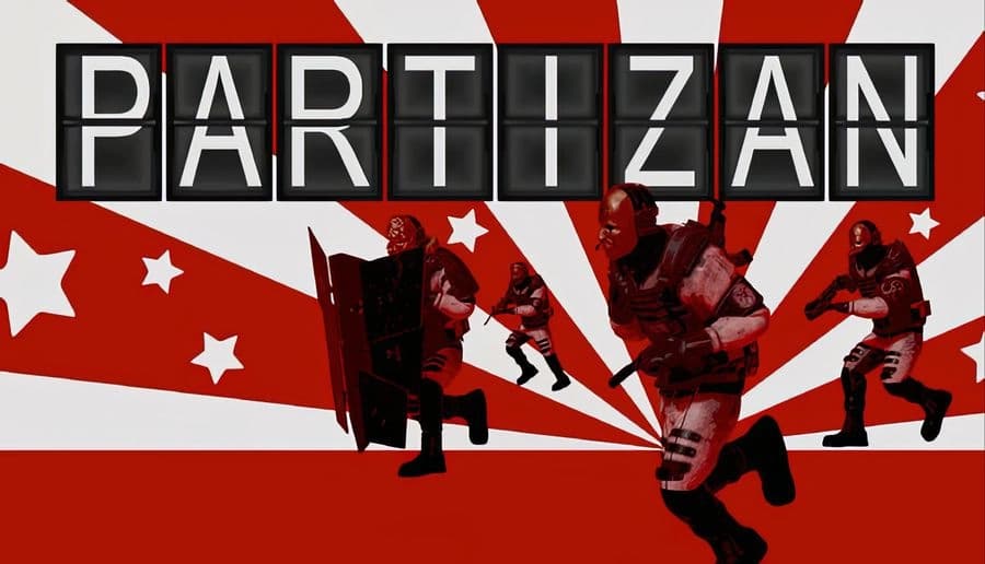 Partizan: Armored soldiers advance with weapons drawn against a background of red rays and stars in a dystopian scene.