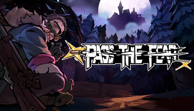 Pass The Fear: Bearded man crouches with crossbow in forest, castle silhouette under full moon looms in the background.