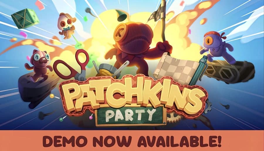 Patchkins Party: Patchwork dolls race toward a checkered finish as explosions burst behind them in a bright sky track.