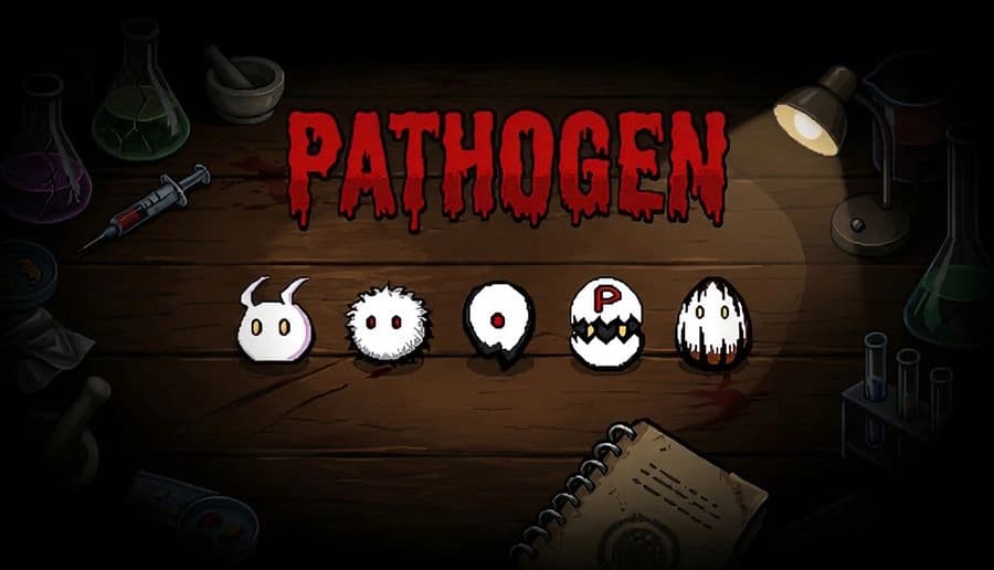 Pathogen: Red horror-style title above five white blob creatures on a wooden lab desk with flasks, syringe, lamp.
