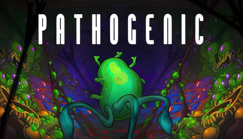 Pathogenic: Green parasite with tendrils explores a vibrant, microscopic world filled with colorful organisms and spores.