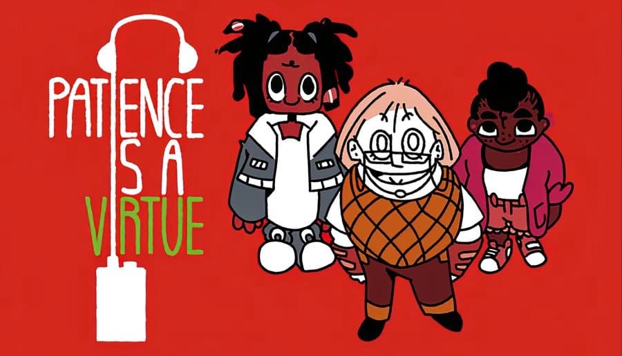 PATIENCE IS A VIRTUE: Three cartoon youths stand facing forward, one wearing a mask, on a solid red background.