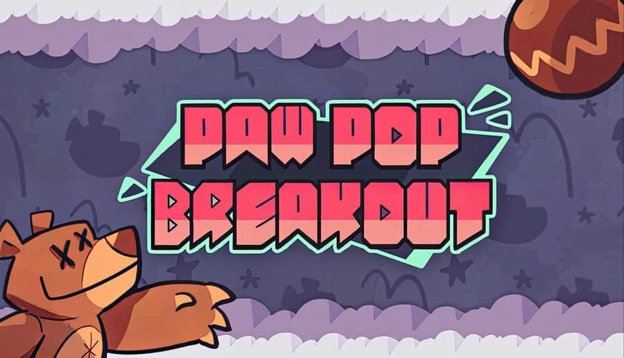 Paw Pop Breakout: Chunky pink title over stormy purple clouds, with orange cat paws at edges and a round ball above.