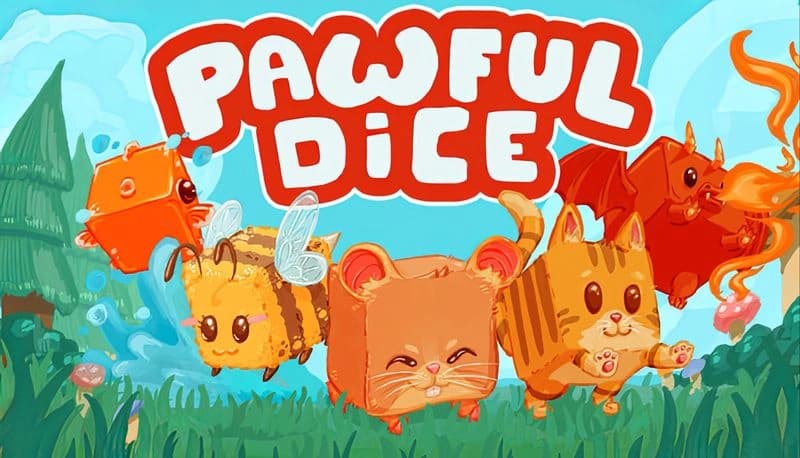 Pawful Dice: Cute animal-shaped dice with wings and tails hover playfully above a grassy landscape under a bright sky.