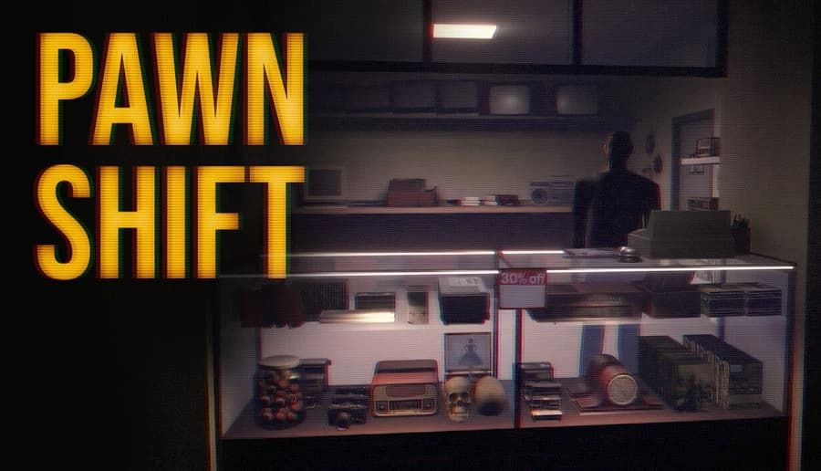 PAWN SHIFT: lone man stands behind pawn shop counter, glass display cases of valuables in dim interior at night.