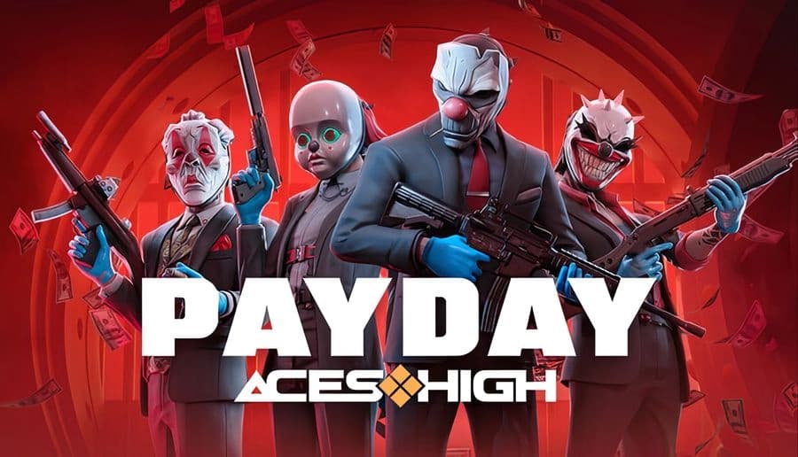 PAYDAY: Four masked robbers with rifles and pistols pose in red-lit vault corridor with arched metal walls behind.
