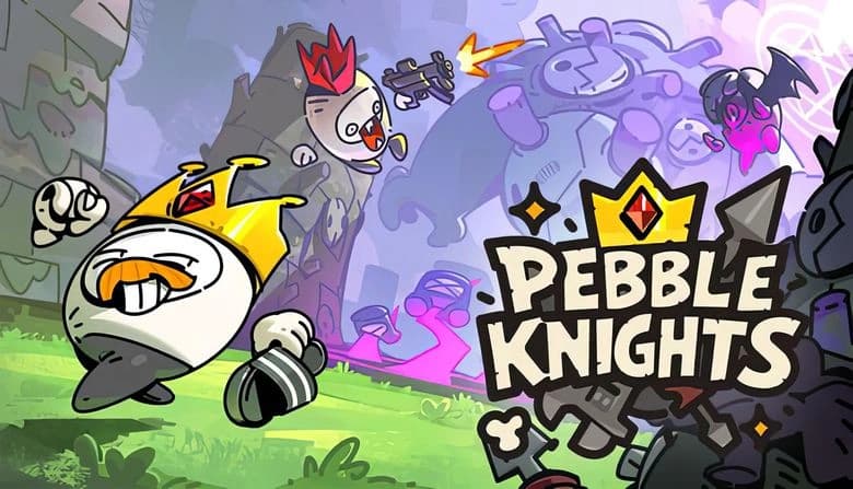 Pebble Knights: Cartoonish pebble warriors in crowns and capes battle flying foes in vibrant, lush kingdom setting.
