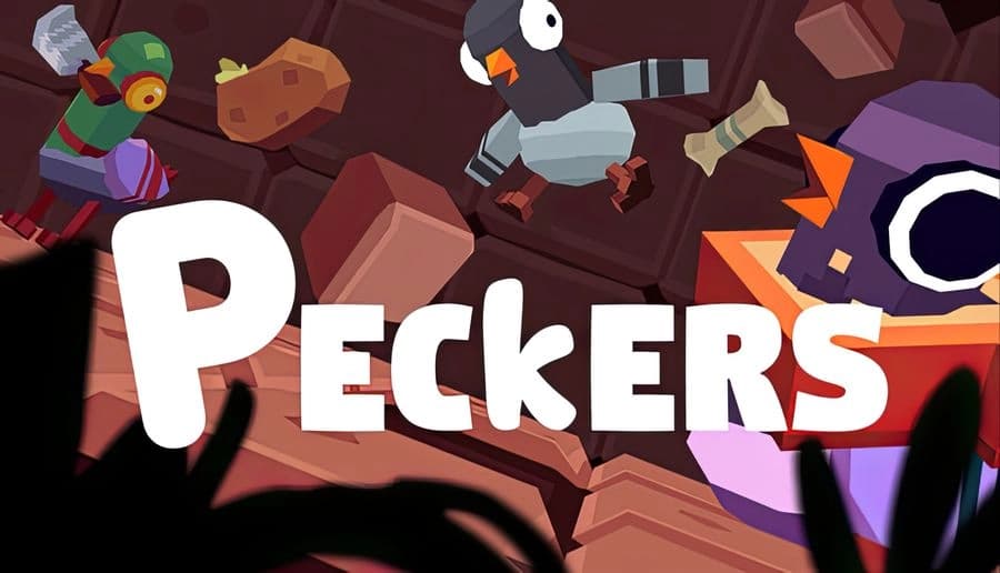 Peckers: Cartoon birds and miners dash through falling rocks and lava-lit tunnels inside a cave with debris flying around.