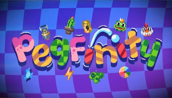 Pegfinity: Colorful bubble letters across a purple checkered background with pixel-art enemies, gems, and bolts floating.