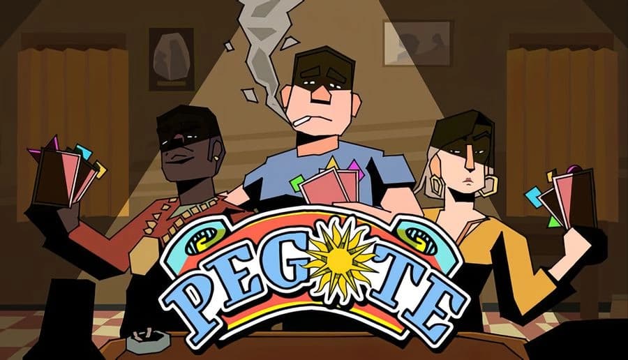 Pegote: Three men hold playing cards, one smoking, behind a table with scattered cards in a dim room.