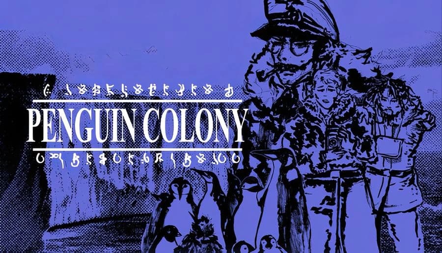 Penguin Colony: Sketchy soldier and bundled woman stare ahead amid scribbled shapes on a blue halftone background.