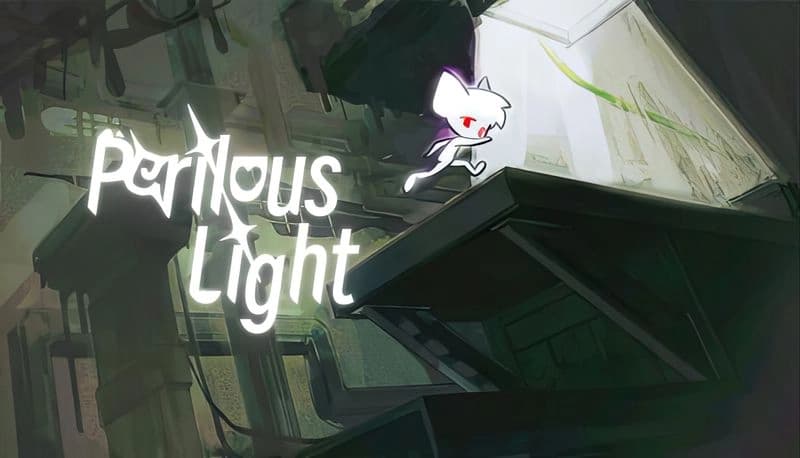 Perilous Light: White creature jumps across platforms in dark, industrial setting with looming shadows and angled structures.