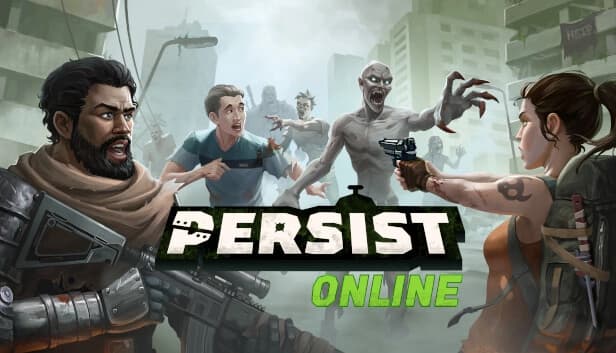 A woman with a backpack points a handgun at approaching zombies. A man holds a rifle; another man runs.