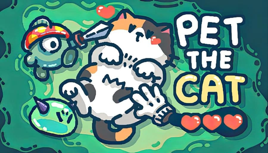 Pet the Cat -: Hand pets a chubby calico cat as hearts pop around; pixel aliens hover in a teal game HUD background.