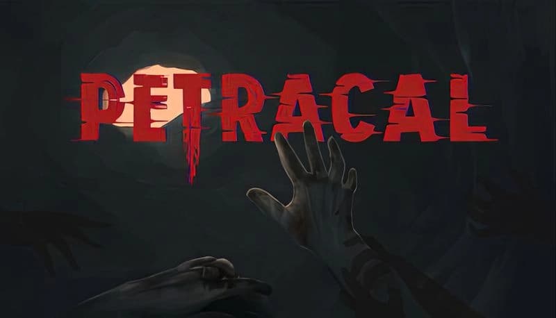 PETRACAL: Bloodied hands reaching for light in dim cave, shadowed hands pulling them back into encroaching darkness.