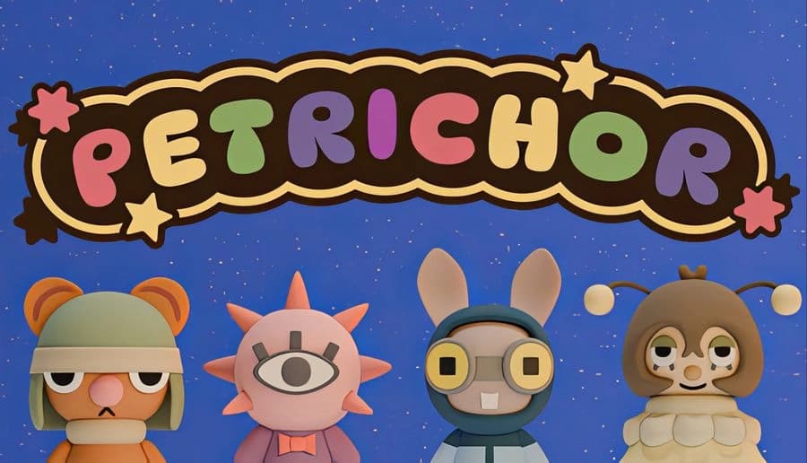 Petrichor: Four cartoon animals in quirky outfits stand against a starry sky, featuring a mouse, spiky creature, rabbit, and owl.