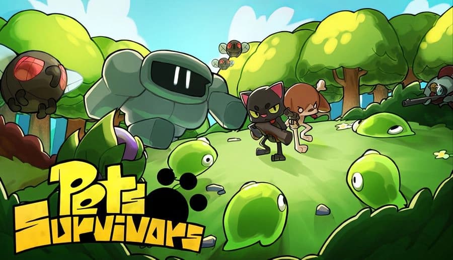 Pets Survivors: armored robot and black cat defend a child with stick in sunny forest as green slimes attack.