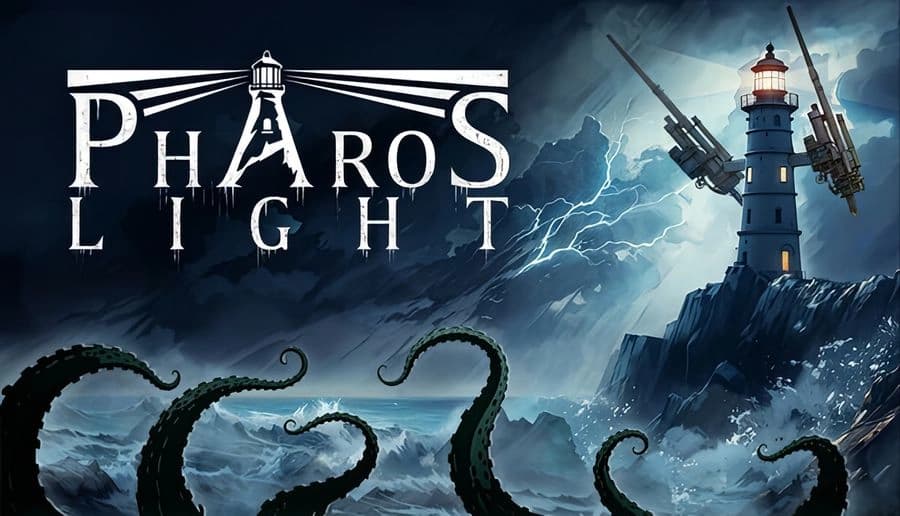 Pharos Light: Storm-lit lighthouse with cannon rig on rocky island, tentacles rise from rough sea below.