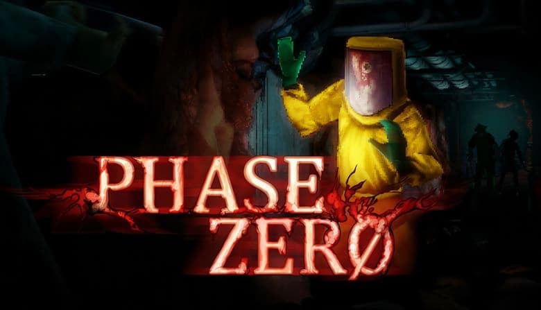 A person in a yellow hazmat suit stands in a dark corridor. Background shows silhouettes of two figures and eerie shadows.