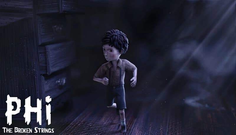 PHi: Young boy with curly hair runs through dark, shadowy room with wooden floors, light beams streaming in from the right.