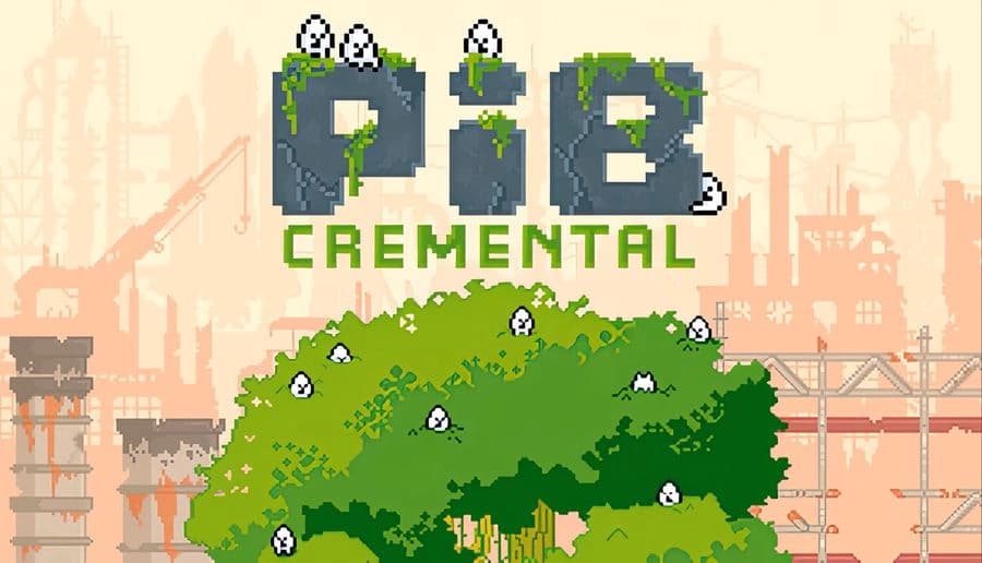 Pibcremental: green treetop hill with many tiny white blob creatures peeking out, ruins of towers behind in haze.