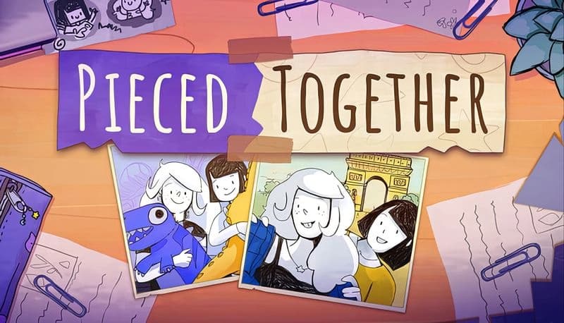 Pieced Together: Smiling friends arranging photos and paper scraps on a wooden table, surrounded by paperclips and drawings.