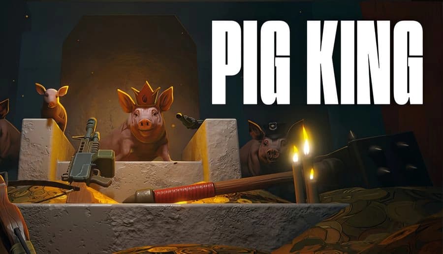 Pig King: crowned pig on a throne behind a mounted gun, candles and pig statues in a dark stone chamber.