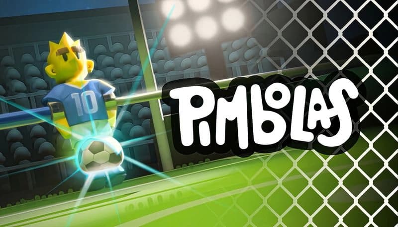 Pimbolas: Yellow-haired boy in blue jersey jumps to kick soccer ball in brightly lit stadium with crowd and fencing.