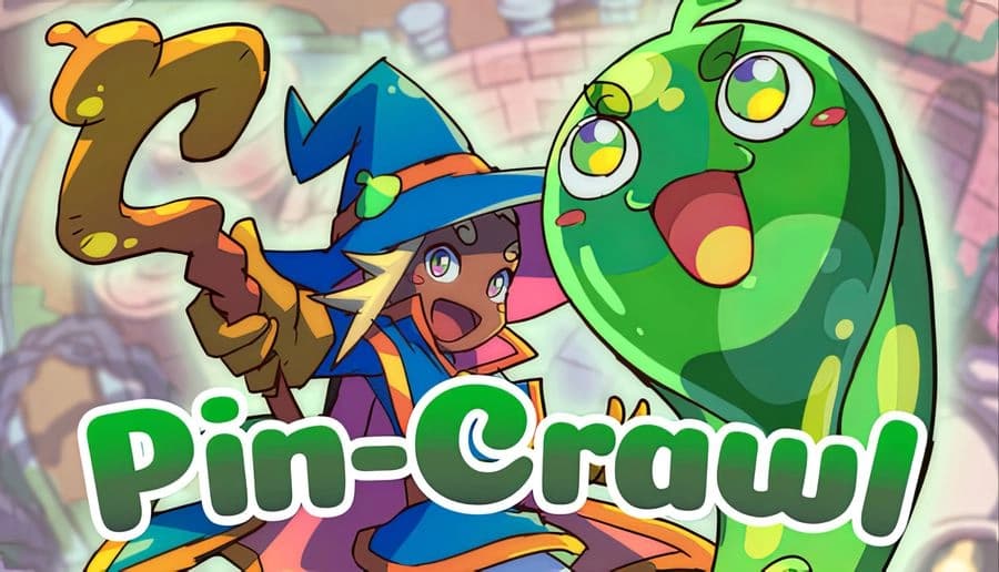 Pin-Crawl: young wizard girl casting spell beside giant green slime monster in blurry pinball dungeon backdrop.