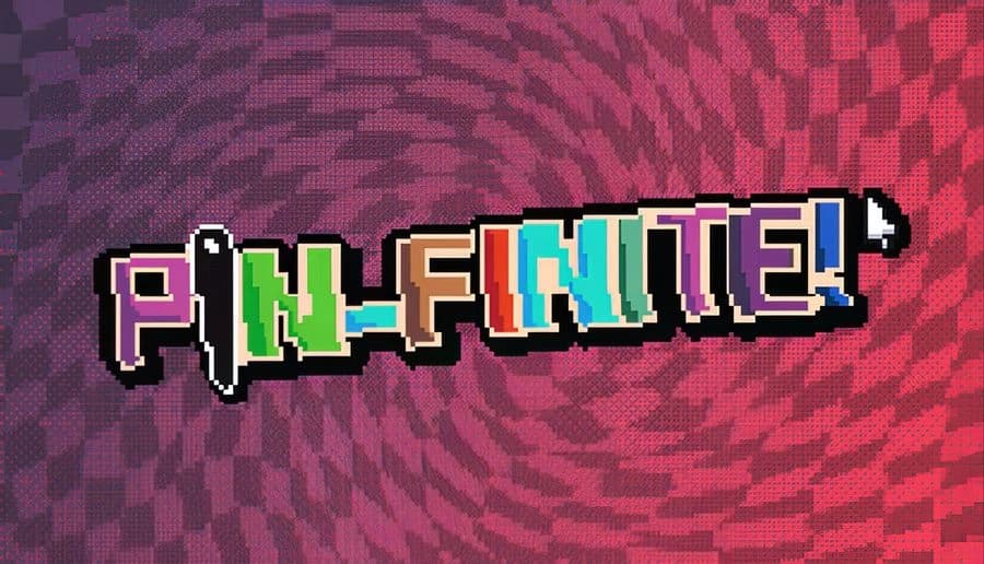 Pin-Finite: Pixel-art title text over red and purple halftone dots background, large block letters across center.