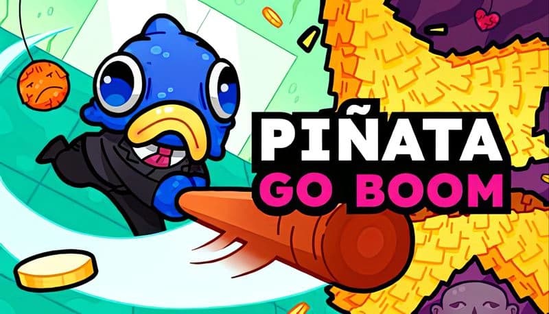 Piñata Go Boom: A blue fish-headed figure in suit swings bat at yellow piñata, surrounded by flying coins and candy.