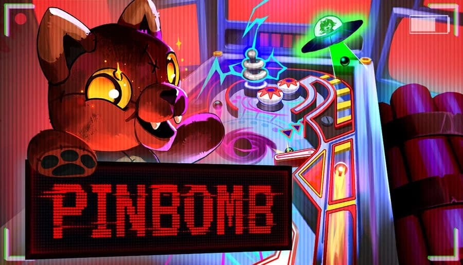 PINBOMB: Smiling bear mascot leans over neon pinball table with glowing ball and UFO bumper in red arcade room.