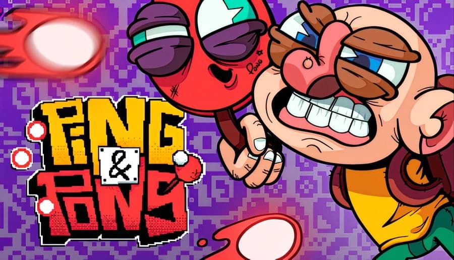 Ping&Pong: Angry bald man with clenched teeth faces red-eyed foe holding mace on purple patterned backdrop.