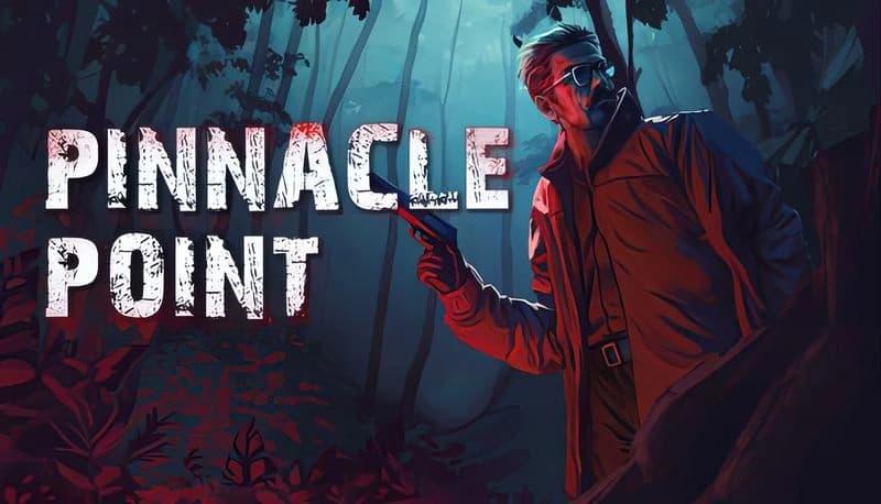 Pinnacle Point: Man in trench coat with mustache and sunglasses holds handgun in dark forest, red light shines on leaves.