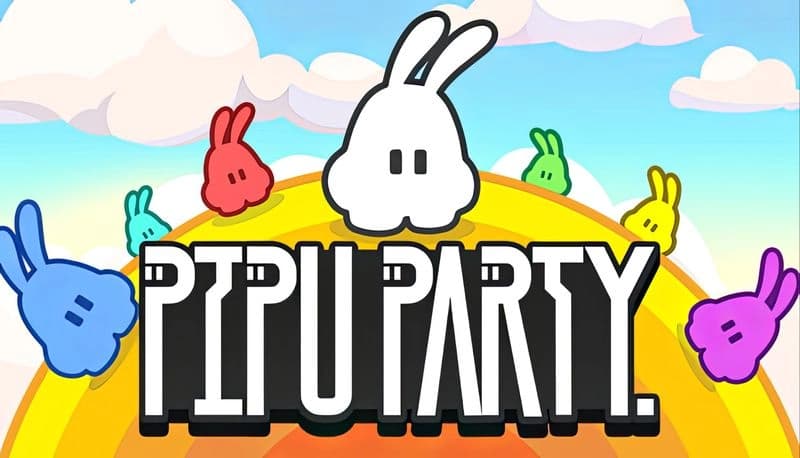 PiPu Party: Colorful bunny characters cheerfully sit atop a vibrant, oversized sun under a bright blue sky with clouds.