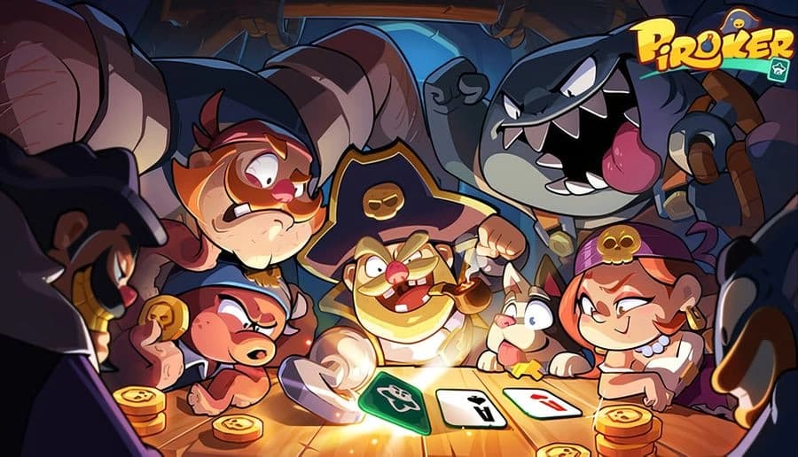 Piroker: Pirate crew scowls around a glowing card table with chips and gold, giant shark looms on ship deck.
