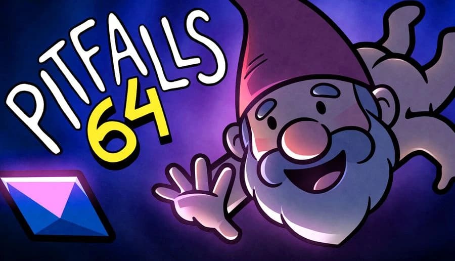 Pitfalls 64: Smiling cartoon gnome with red hat waves in dark cave, spotlit with purple glow and crystals.
