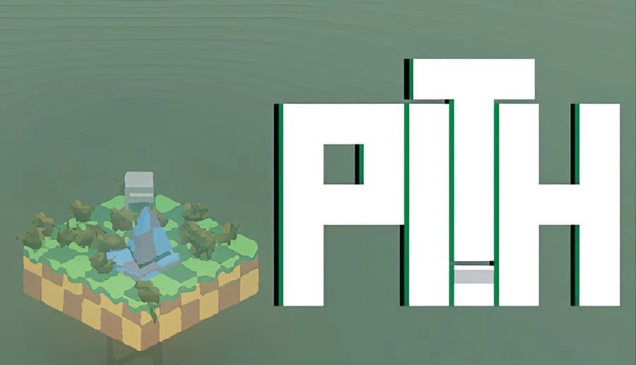 PITH: Floating cube island with trees and a blue waterfall, surrounded by foggy void, beside large block letters on gray.