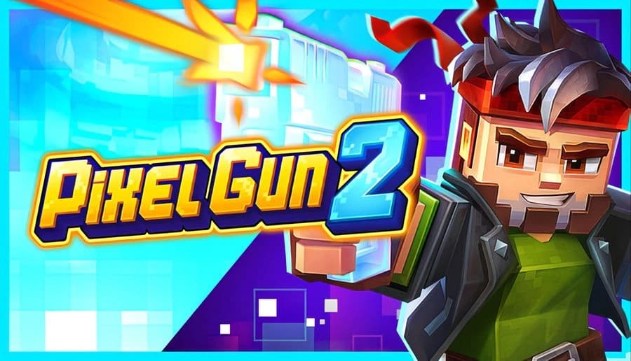 Pixel Gun 2: Blocky man aiming a large blue cannon toward the viewer neon pixel arena backdrop with glowing squares.
