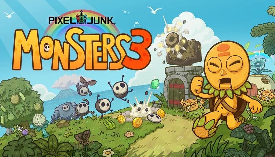 PixelJunk Monsters 3: Tiki-masked boy runs toward a stone totem as small monsters approach in sunny jungle clearing.