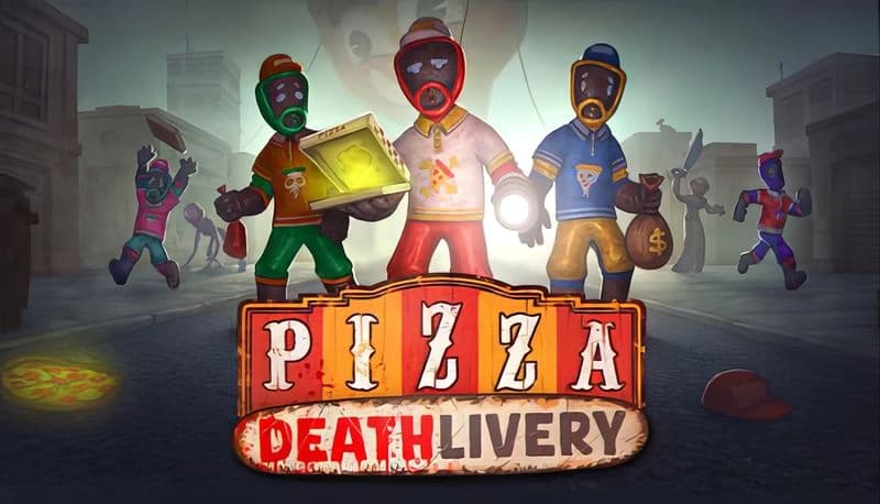 Pizza Deathlivery: Three masked figures hold pizza boxes and money bags, surrounded by running creatures in a misty city.