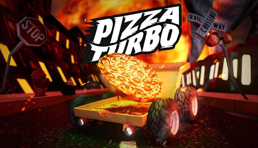Pizza Turbo: Pizza slice launches from a pizza box car speeding down a burning city street with smoke and flames above.