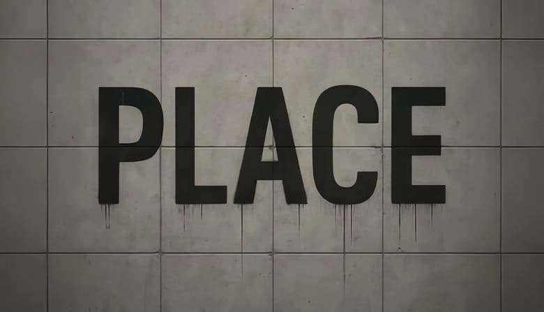PLACE: Large black letters spell "PLACE" on a gray tiled wall. Drips below letters suggest paint or graffiti style.