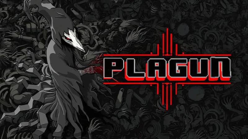 PLAGUN – The Plague Goes On: Masked plague doctor in dark cloak, surrounded by twisted husks, dominates the chaotic scene.